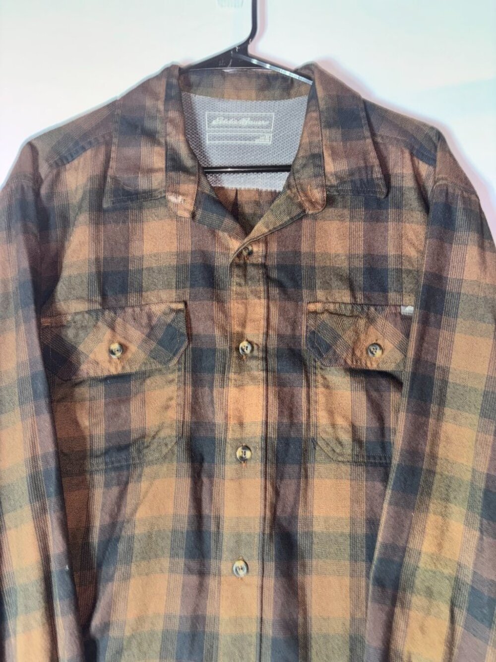 Eddie Bauer Men's Plaid Flannel Shirt Brown Orange Size XL